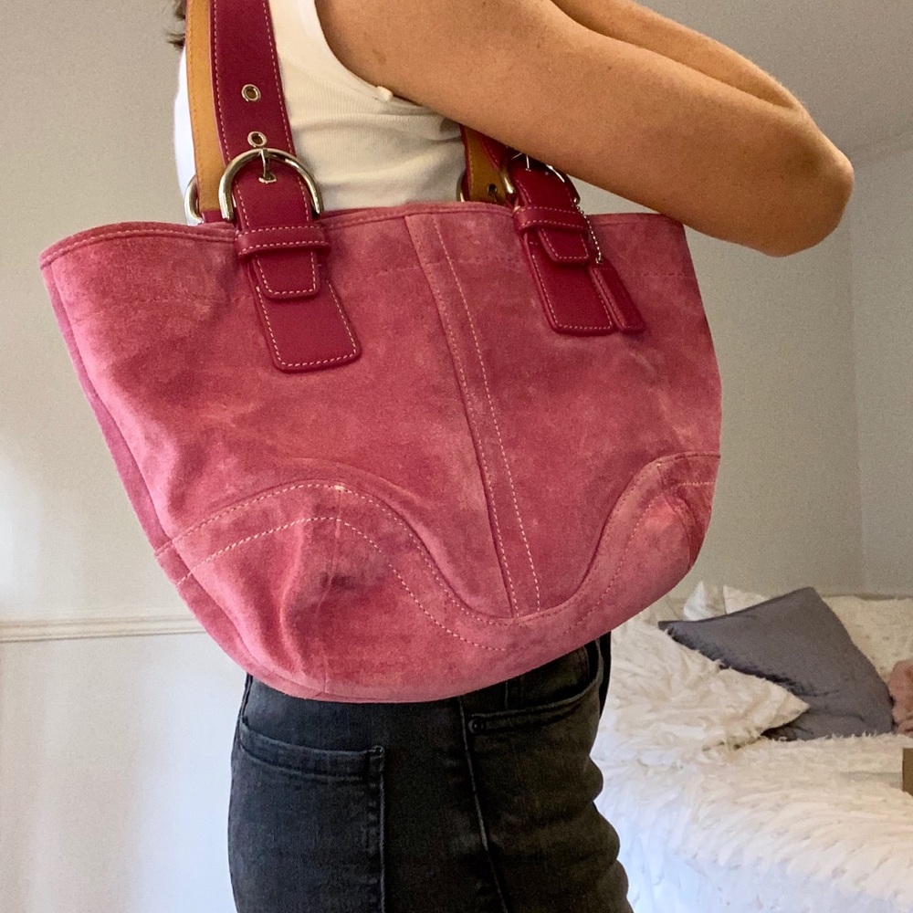 pink suede coach purse